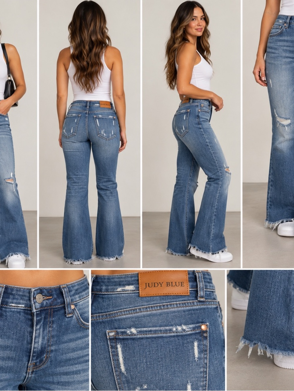 Judy Blue Medium Blue Distressed Flare Jeans with Frayed Hem